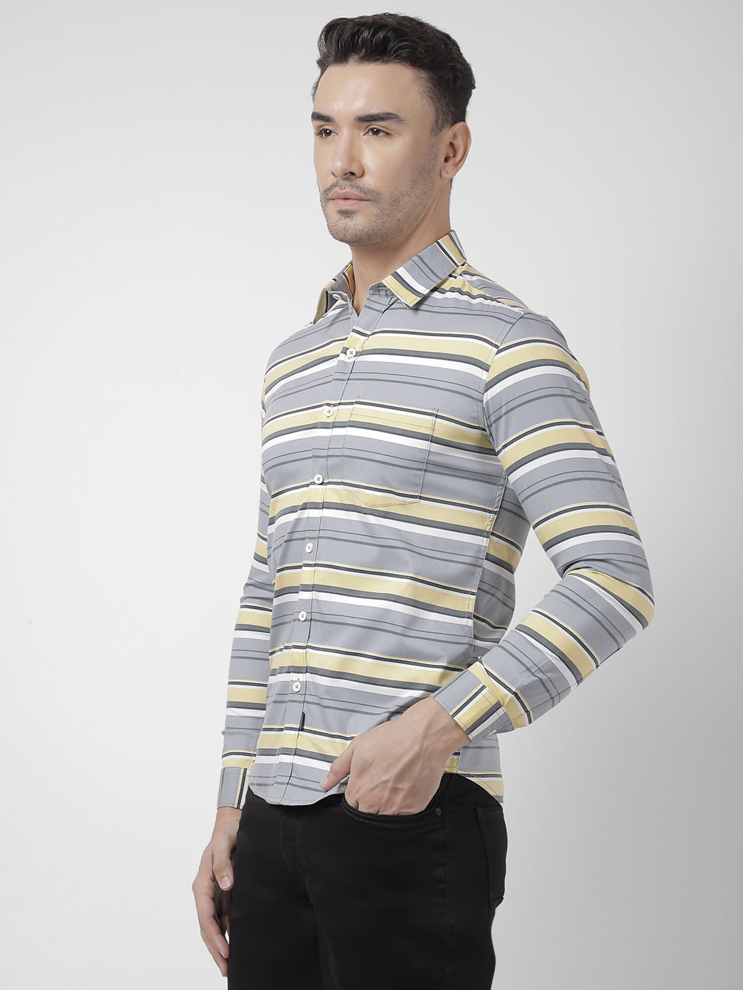 Numero Uno Men Grey Stripes Slim Fit Shirt